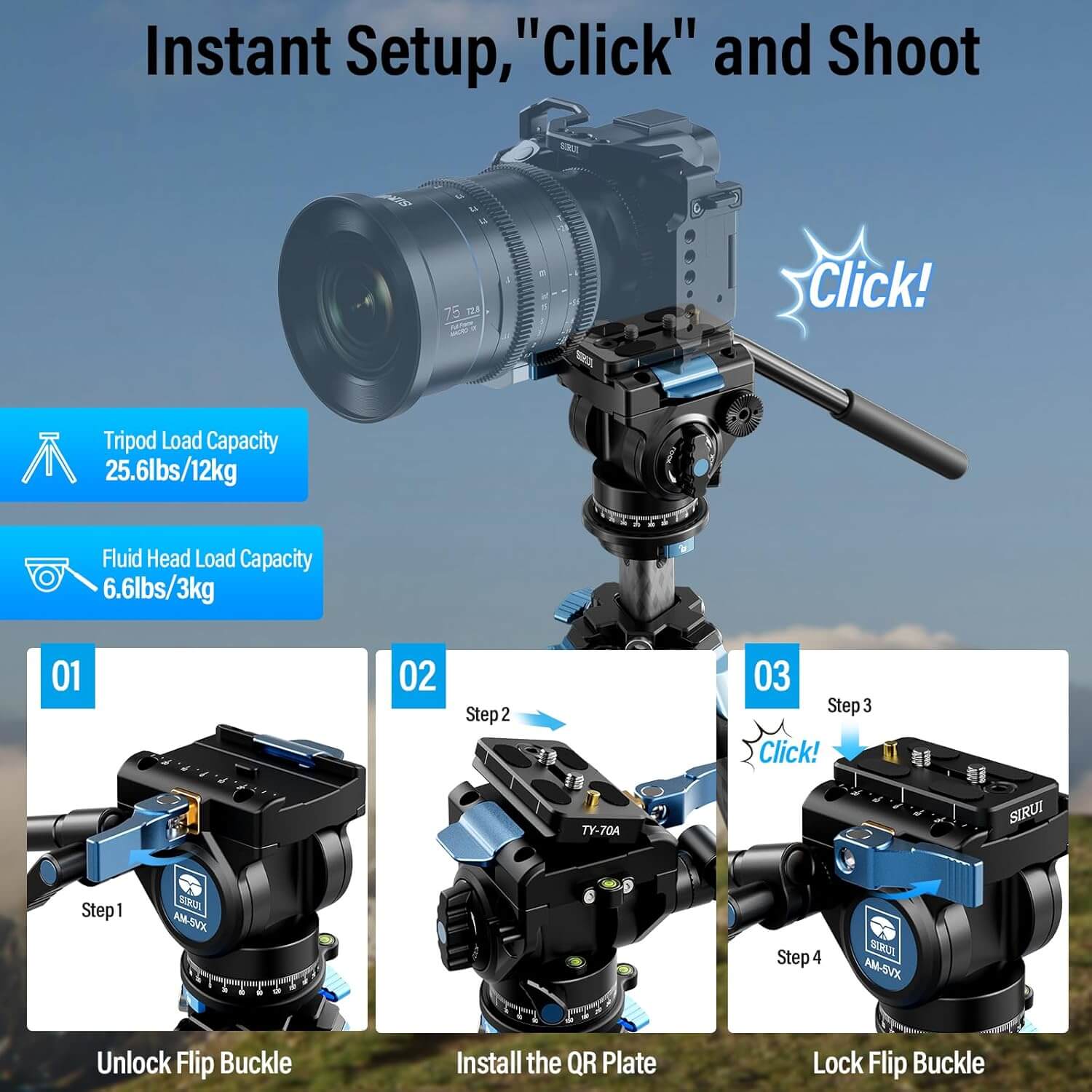 SIRUI AM-124 Carbon Fiber Tripod with AM-5VX Fluid Head - Image 2